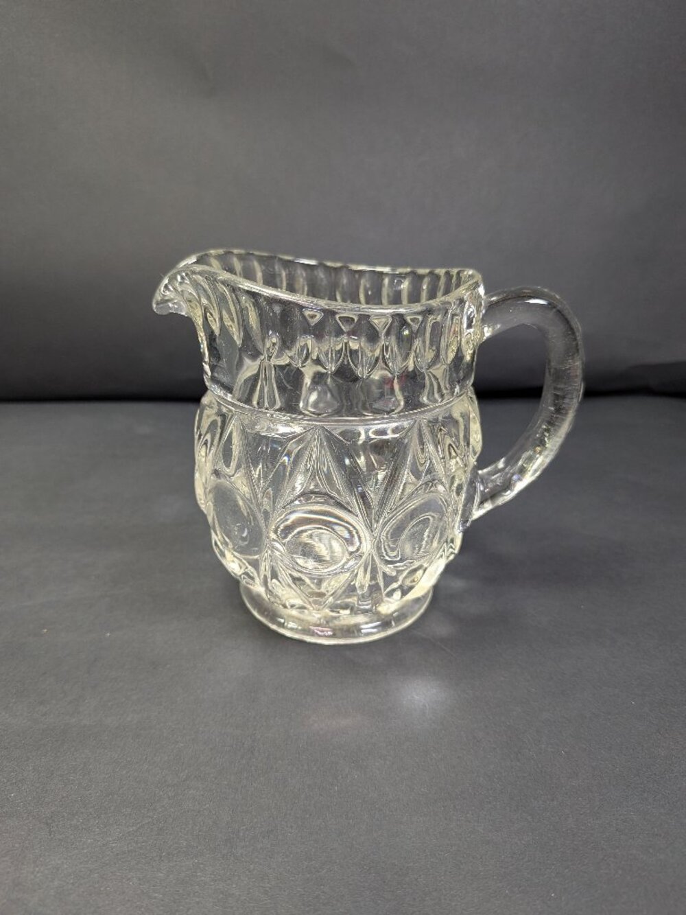 VTG Clear Pressed Glass Small Creamer Pitcher Starburst Base Geometric Pattern